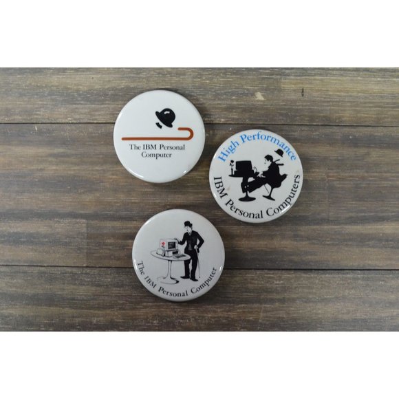 IBM Personal Computer Button Pin Lot of 3 Charlie Chaplin Promo 1980's Vtg - Picture 1 of 6